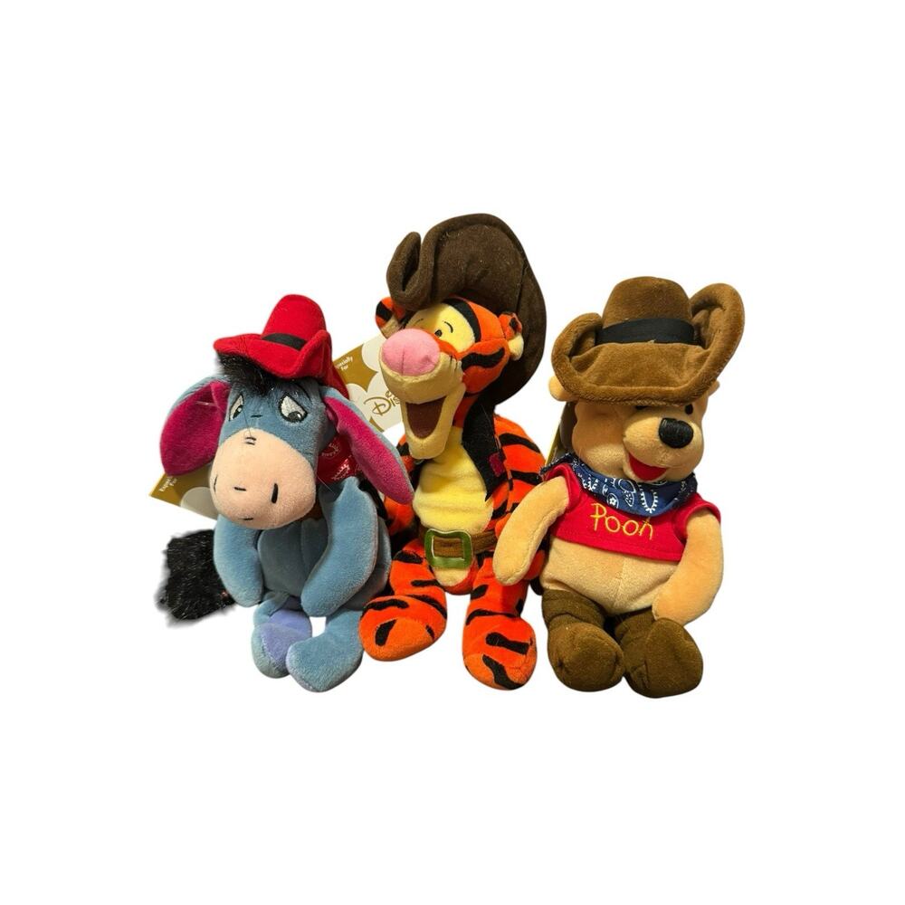 The Disney Store Winnie The Pooh Tigger Eeyore Cowboy Western Bean Bag Plush Lot